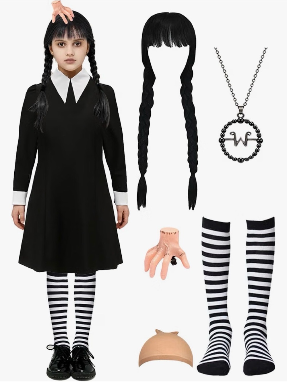 Classic Black Wednesday-Inspired Kids Costume with Striped Tights (size 7/8)
